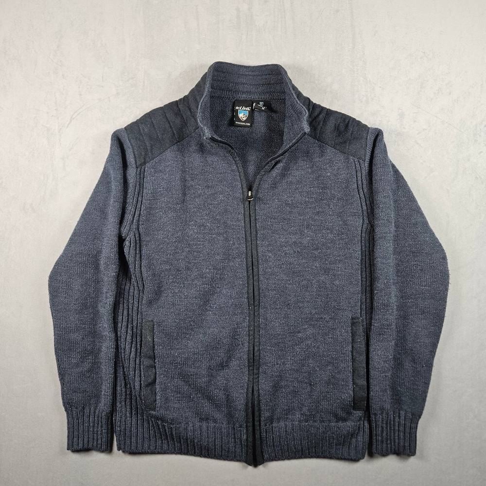Kuhl Kommando Full Zip Sweater Mens Medium Blue Merino Wool Blend Outdoor Jacket